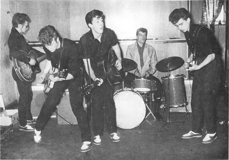 The Silver Beatles or Silver Beetles at the Wyvern Club. Stuart Sutcliffe, John Lennon, Paul McCartney, Johnny Hutch Hutchinson and George Harrison